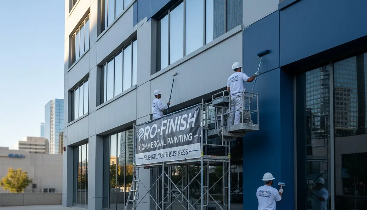 Commercial painters in Los Angeles, CA applying fresh exterior paint to a modern office building