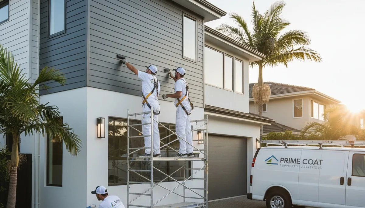 Professional exterior house painters working on stucco home in Los Angeles, CA