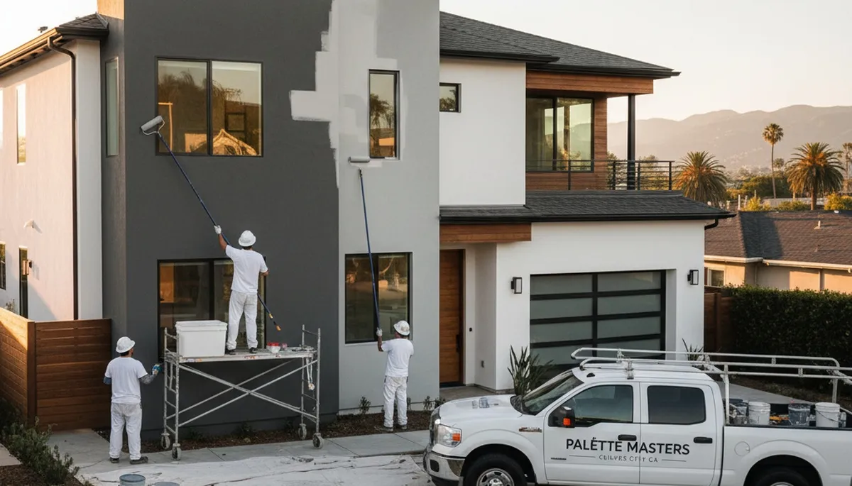 Professional house painters working on exterior home in Los Angeles, CA