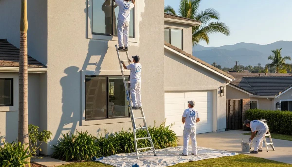 Professional house painters working on exterior home finish in Los Angeles, CA