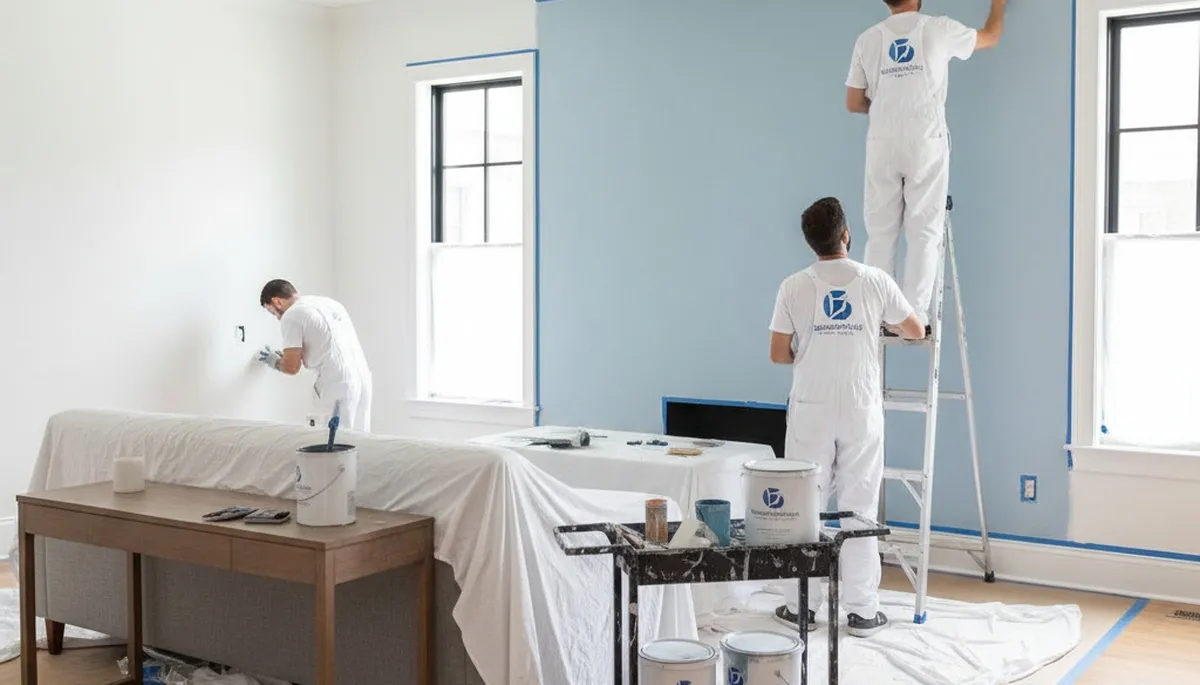 Professional interior house painters finishing living room walls in Los Angeles, CA