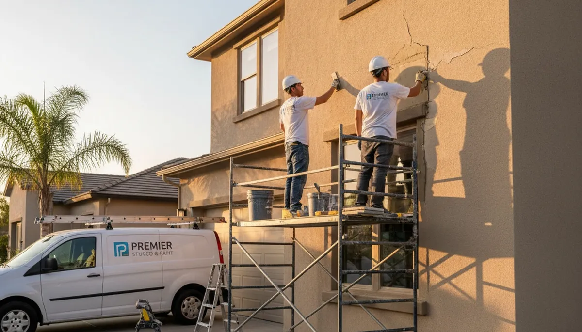 Professional stucco repair and painting on residential home exterior in Los Angeles, CA