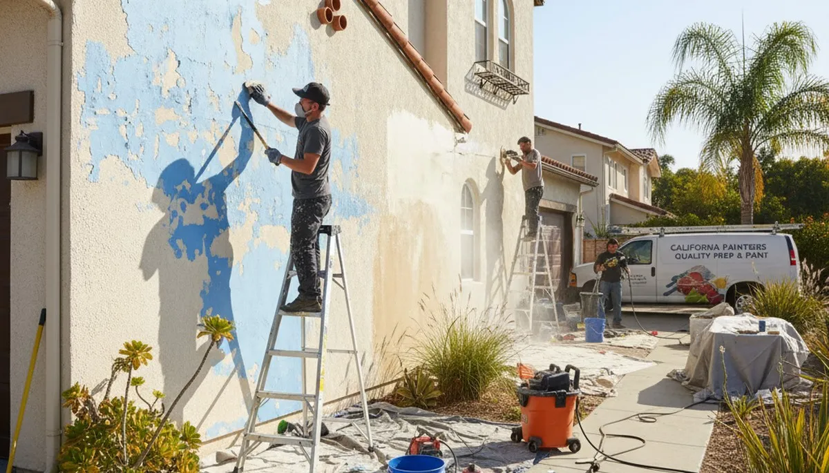 Painter sanding stucco wall for exterior prep in Los Angeles, CA, ensuring smooth surface for new paint
