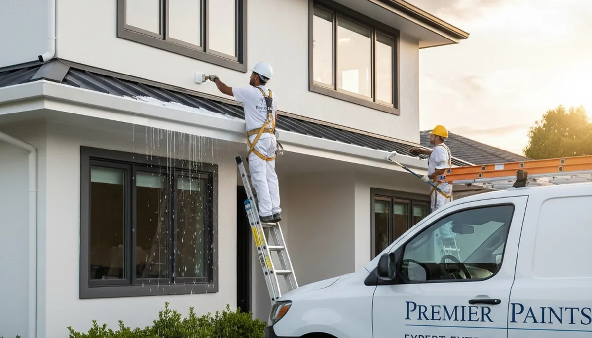 Professional trim and fascia painting on a Los Angeles CA home exterior by expert house painters